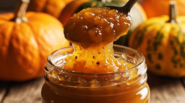 Glass jar with homemade pumpkin jam, spoon slowly sinks and rises, viscous texture in macro, fresh pumpkins around