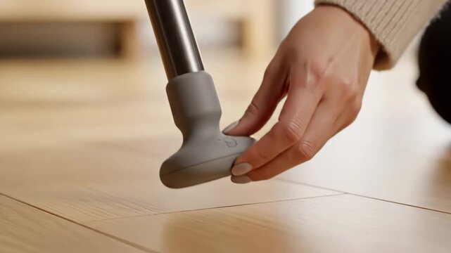Female hand adjusts vacuum cleaner attachment on wooden floor, showcasing the connection between the tool and surface for effective cleaning in a bright indoor setting