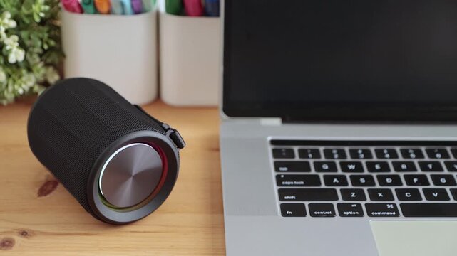 Colorful Smart Speaker Virtual Assistant or Artificial Intelligence Concept by Man Touch Turn On Smart Speaker