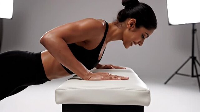 Female fitness enthusiast performs push-ups on a white exercise bench in a well-lit studio, showcasing strength and determination through progressive movements