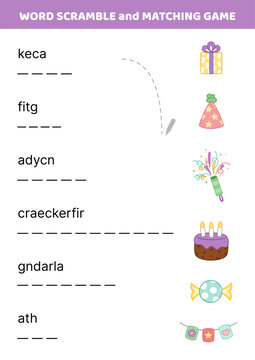 Word scramble and matching game with festive birthday element. English words. Sort letters into correct order. Cartoon, Isolated vector illustration eps 10