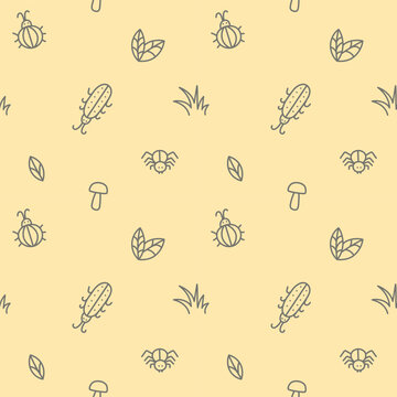 Bugs. Yellow doodle seamless pattern with bugs, beetle, spider. Isolated vector illustration eps 10
