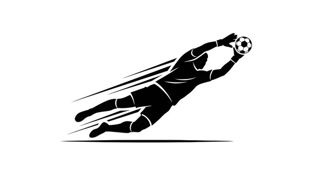 Dynamic illustration of a soccer goalkeeper making an acrobatic save during a fast-paced game, demonstrating skill and agility.