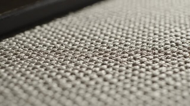 Close-up view of textured fabric surface with a black tool resting on it, showcasing intricate weave patterns and the interplay of light and shadow in a detailed setting