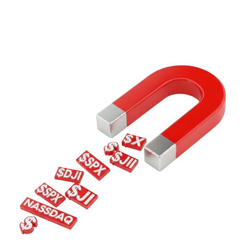 Red horseshoe magnet attracting stock market symbols isolated on transparent background
