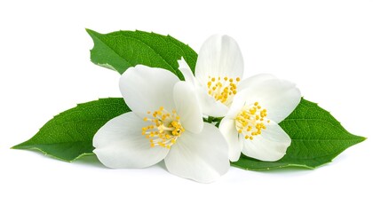 Fototapeta premium Close-up studio shot of pure white flowers with yellow stamens, clustered with vibrant green leaves. Focus is sharp
