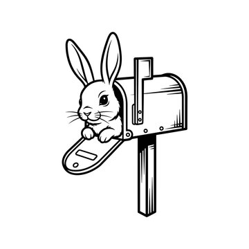 Rabbit peeking out of a mailbox in a simple line art style isolated on transparent background  