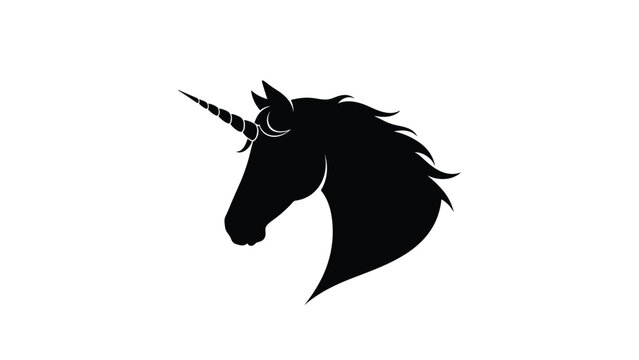 Detailed black silhouette of mythical unicorn head showing pointed horn and flowing mane against clean white background for design.