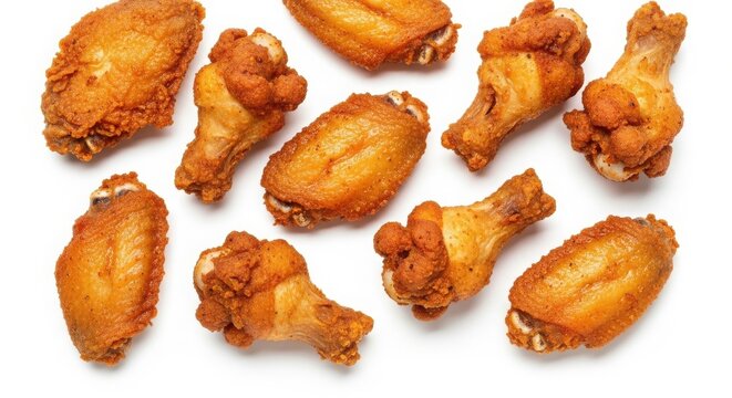 Crispy fried chicken wings and drumettes, golden brown breaded poultry pieces, delicious buffalo style chicken appetizers for restaurant menu isolated on White Background