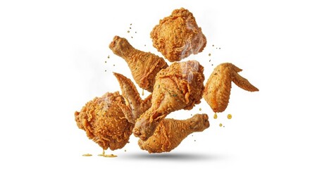 Obraz premium Crispy Golden Fried Chicken Wings and Drumsticks Product Shot Flying with Steam and Crumbs isolated on White Background