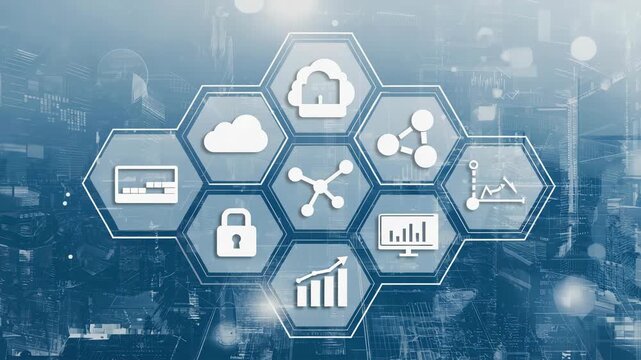 Digital Network Hexagon Interface with Data Analytics Cloud Technology Visualization