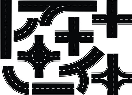 Set of Various Road Junctions, Roundabouts, and Highway Turn Segments