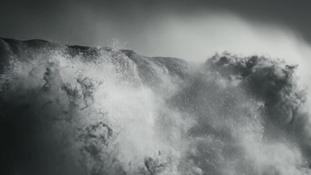 Powerful Ocean Wave Crashing and Breaking in Slow Motion Against Gray Skies Cinematic Black and White