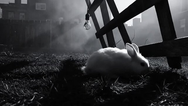 Mysterious white rabbit explores foggy backyard under a hanging lightbulb in black and white