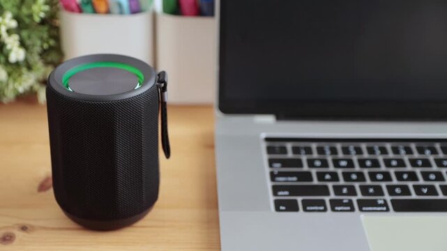 Colorful Light Smart Speaker Virtual Assistant or Artificial Intelligence Concept by Man Touch Turn On Smart Speaker