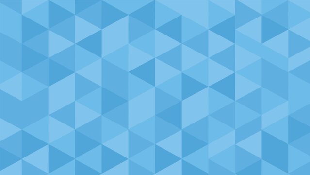 Blue geometric background composed of numerous equilateral triangles in various shades of azure and cyan for a clean look.