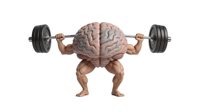 Strong brain mascot lifting heavy barbell