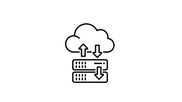 Cloud storage and data transfer icon showing arrows between a cloud and server stacks in a clean black line style.