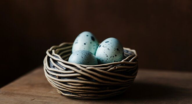 Minimalist ceramic nest three speckled blue eggs robin egg style scandinavian interior design clean lines