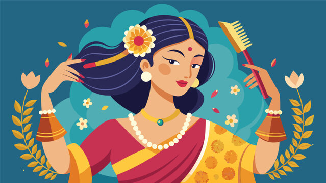 a woman in a traditional vibrant red and yellow sari grooming her long silky hair with a wooden comb, adorned with jewelry and a floral hair accessory