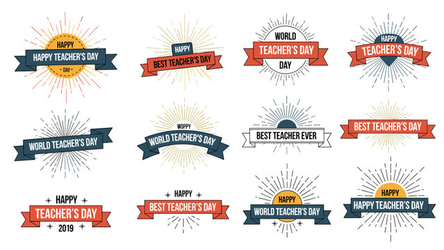 Collection of celebratory teacher day labels and emblems featuring colorful ribbons sunbursts and appreciative text.
