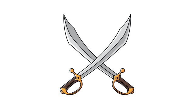 Pair of crossed scimitar swords with curved silver blades and ornate gold handles illustrated on a clean white background.