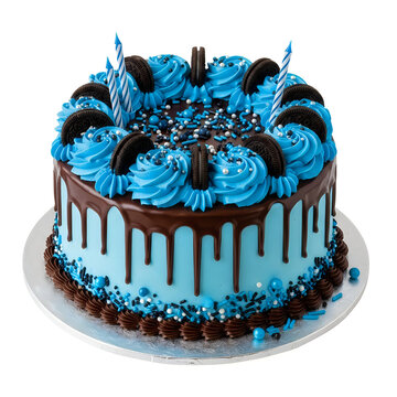 Decadent chocolate and blue velvet birthday cake with Oreo cookie accents, drizzled chocolate ganache, and edible glitter, presented on a white plate with professional studio lighting for celebration