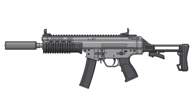Realistic illustration of a modern submachine gun with a silencer and adjustable stock in shades of gray for tactical themes.