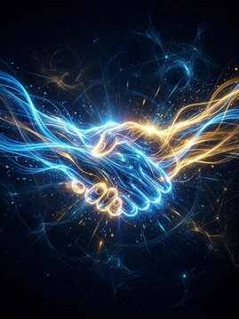 Abstract Energy Handshake of Blue and Gold Light Trails