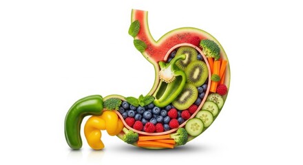 Fototapeta premium Human Stomach Shape Made of Fresh Fruits and Vegetables for Gut Health and Nutrition Concept isolated on White Background