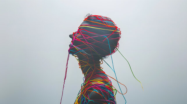 Silhouette of person entangled in colorful threads, abstract concept of emotional stress, anxiety and mental pressure.