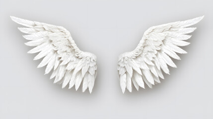 Fototapeta premium White angel wings isolated on light background, soft feather texture and elegant symmetrical design for fantasy concept.