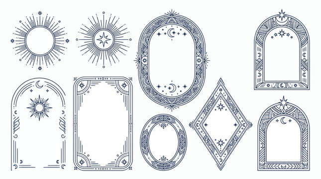 Collection of mystical celestial frame borders and sunburst elements in a linear esoteric style on white background, Symbolizing occult aesthetic for branding and illustrating tarot card design