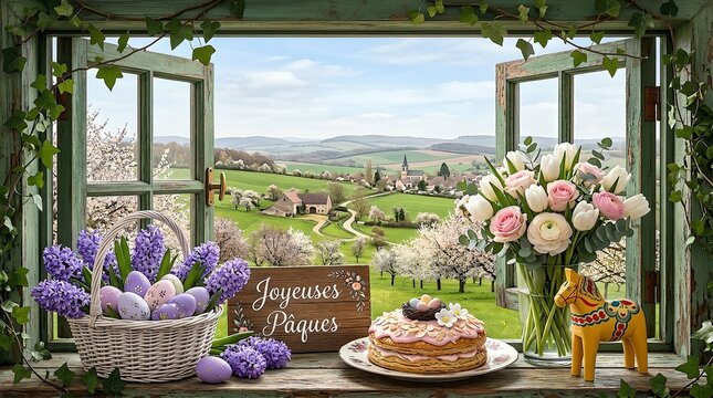 Easter Morning Window View With Spring Countryside, Flowers, Cake and Joyeuses P&acirc;ques Sign