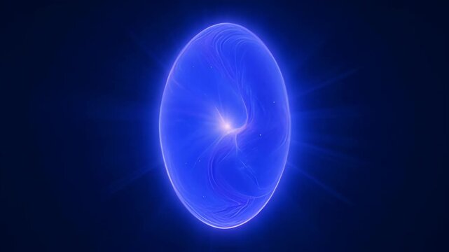 Abstract glowing blue oval light, luminous energy sphere with futuristic neon glow on dark background, radiant ethereal orb, blue light halo, sci fi concept, digital fantasy effect