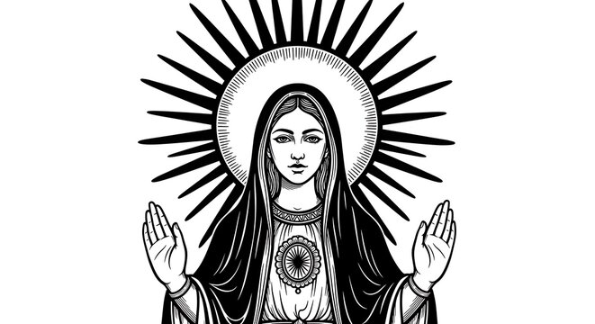 Stylized Black and White Illustration of Virgin Mary with Radiant Halo and Open Hands.