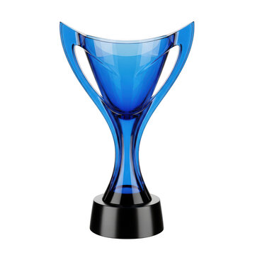 Shiny blue trophy with a sleek modern design and black base, Png