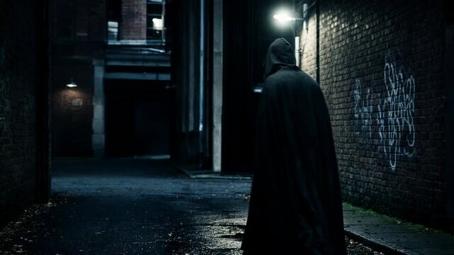 Man in black hooded cloak hiding in dark urban alleyway. Suspicious lurking criminal stalker waiting in shadowy misty street for potential victim at night.