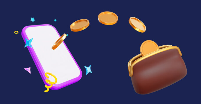 3d purple phone with confetti, gold coins and wallet on blue isolated background. Winner concept. Stock vector illustration on isolated background.