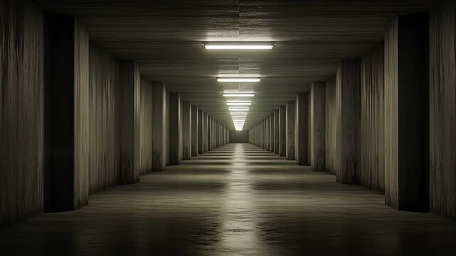 Long concrete tunnel with glowing fluorescent lights receding into darkness