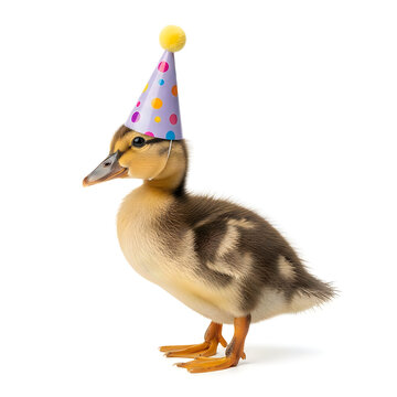Adorable baby duckling wearing colorful party party hat celebrating special occasion with playful festive mood under soft studio lighting