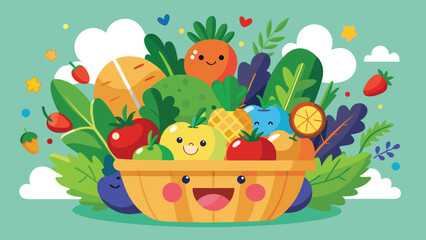 Fototapeta premium Happy basket of smiling vegetables cheerful produce characters, kid-friendly flat illustration promoting healthy eating