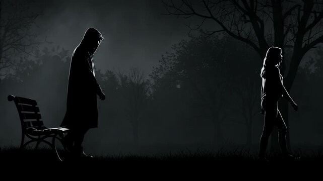 Criminal in hooded cloak stalking woman in dark park. Threatening stranger following victim at night. Dangerous situation, suspenseful crime and safety concept.