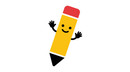 A cheerful yellow cartoon pencil with a happy face and waving arms, standing upright against a clean white background. © Abhinaya Project