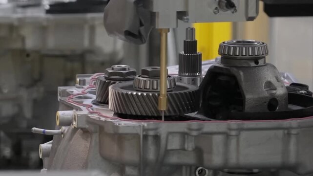 Precision automated liquid gasket application on a transmission housing unit featuring internal helical gears and differential components