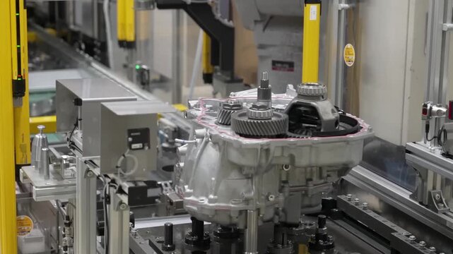 Wide shot of a robotic assembly station showcasing a transmission unit moving on a conveyor system within a protected industrial safety enclosure