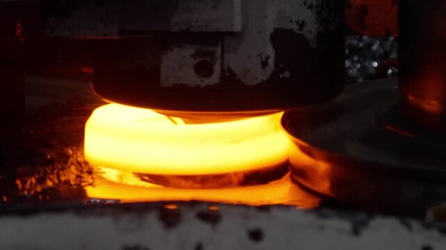 Extreme close-up of a hot ring rolling process where a glowing steel component is shaped by high-pressure rollers and lubricants