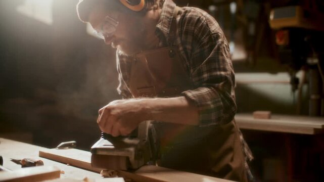 Professional carpenter in hearing protection and safety goggles sanding wooden board with power tool in woodworking workshop illuminated by warm sunlight. Tilt down shot