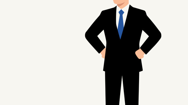 A man in a black suit and blue tie stands confidently with hands on hips, a professional and assertive pose.