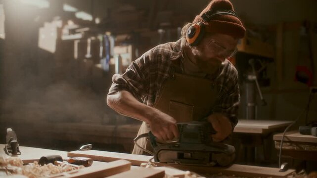 Craftsman in ear protection and safety goggles using electric belt sander to smooth wooden board on workbench in sunlit woodworking workshop filled with various hand tools in background